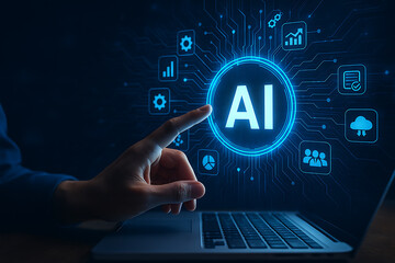 Hand interacting with glowing artificial intelligence icon on futuristic interface, concept of digital innovation and smart technology