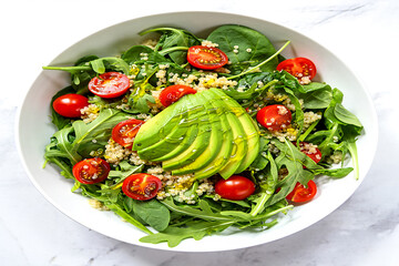 Fresh avocado quinoa salad with cherry tomatoes spinach