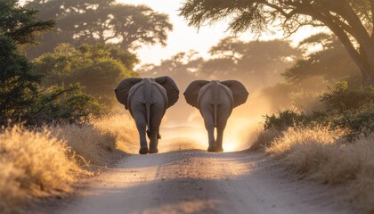 Elephants Walking Together at Sunset