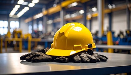 Safety gear on a tabletop in a factory, conveying industrial safety and worker protection.