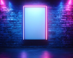 Blank Sign with Neon Frame on Brick Wall
