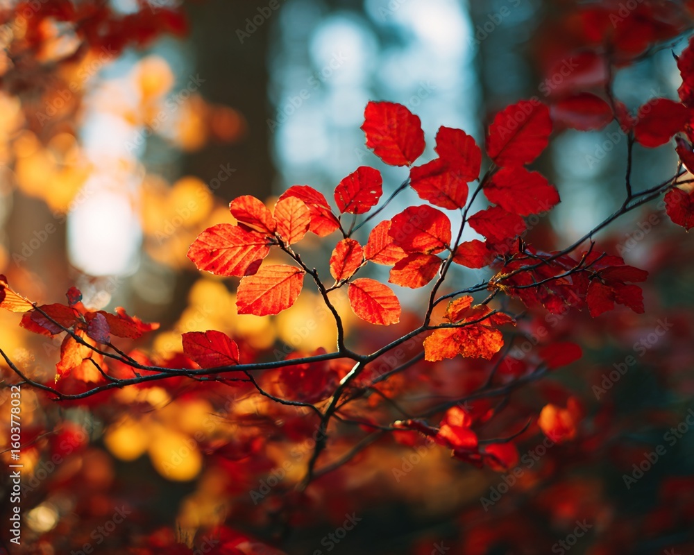 Poster branch of red autumn leaves with background bokeh