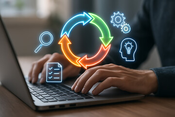 Hands typing on laptop keyboard with vibrant glowing holographic icons illustrating workflow cycle, innovation, checklist, gears, and search