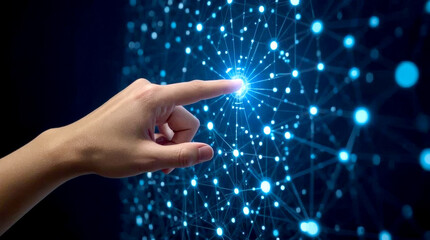 Digital transformation conceptual for next generation technology era. human hand, seen from the side, with the index finger touching a bright, glowing blue point within an intricate digital network