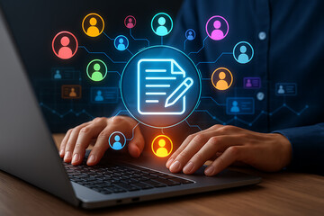 Hands typing on laptop with glowing document icon and colorful user profile network, concept of collaborative digital content creation