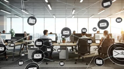 Modern office space with communication icons overlay