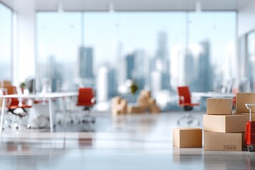 Obraz premium Modern office relocation; cardboard boxes in foreground, city view background