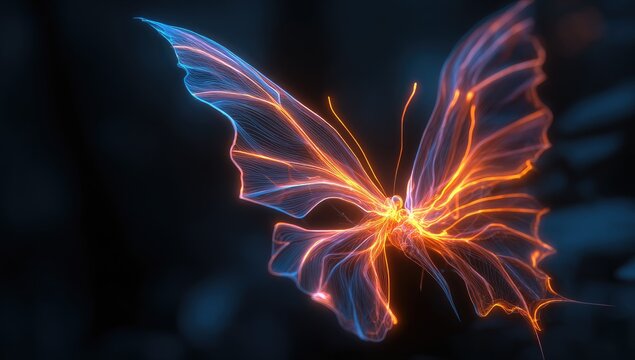 Glowing, ethereal butterfly with vibrant lines of light
