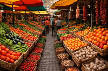 Fresh and colorful fruits and vegetables abound at this vibrant market stall, offering healthy organic produce