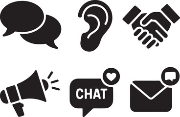Fototapeta premium Communication and Connection Solid Icons Speech Bubbles, Ear, Handshake, Heart, and Dialogue Symbols