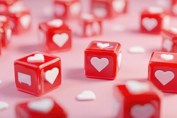 Red cubes with white hearts scattered on pink background