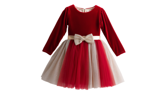 Red girl dress for kids. round neckline, red velvet bodice with long sleeves, a nice gold lurex satin belt with a bow - Powered by Adobe