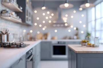 Modern kitchen design, soft lighting, gray cabinets, and wood countertops