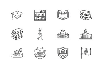 Graduation Cap Bookshelf Open Book Stacked Books Walking Student Building Flag Shield