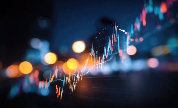 Night cityscape backdrop with dynamic stock market graph overlaid - Powered by Adobe