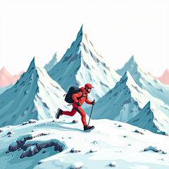 Adventurous Hiker Ascends Snowy Mountain Peaks