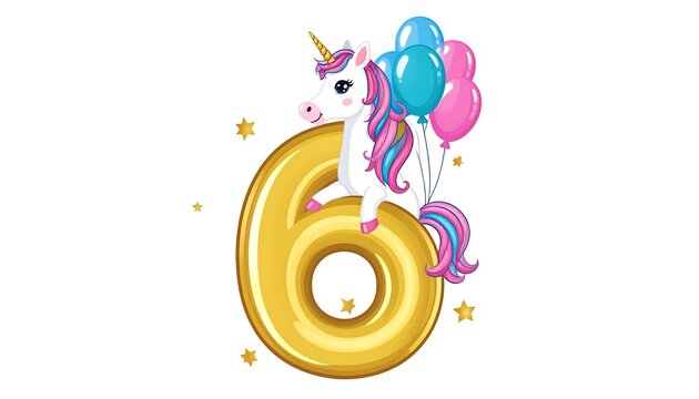 A cartoon unicorn sits atop a large golden number six, surrounded by colorful balloons and stars
