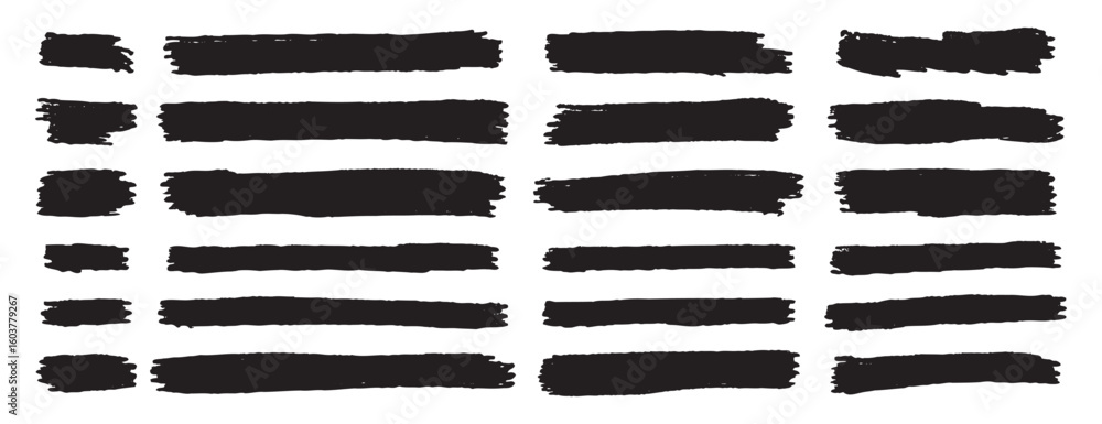 Poster set black brush lines highlighter design element. horizontal line brush