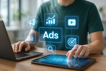 Marketer using tablet and laptop with glowing digital ads interface featuring analytics, targeting, video, and search icons for campaign management