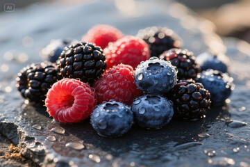 Ripe raspberries blueberries and blackberries glistening with water droplets
