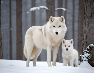 Obraz premium A beautiful portrait of a white arctic wolf on a snowy day in the forest. A white wolf in the trees. A white wolf in winter.