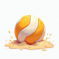 Beach ball resting on wet sand with splashing water droplets.
