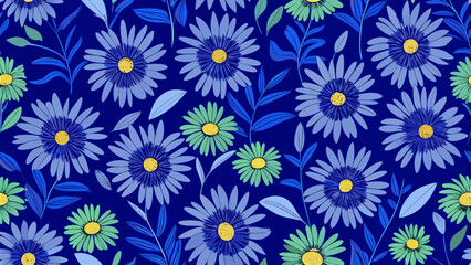 Seamless floral pattern with blue flowers daisy on a dark blue backgrounds for textile wallpaper, books covers, Digital interfaces, prints design templates material cards invitations, femininity,