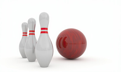 Bowling pins and ball with red stripes on white background