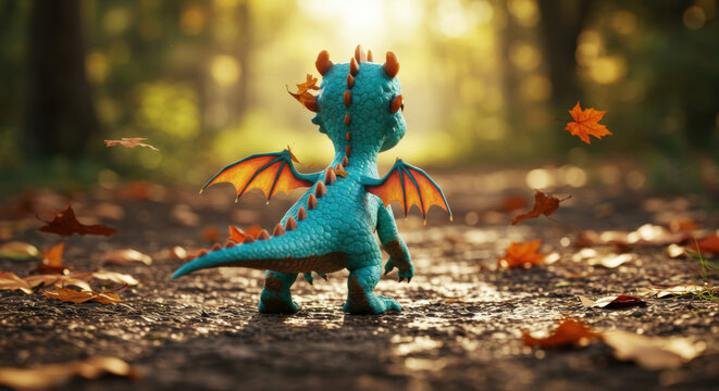 Cartoon dragon in autumn forest path