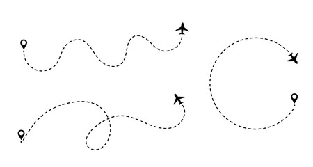 Plane flight with path on air map. Route and trip traced by dot toward the airport or destination.