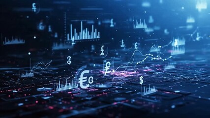 Abstract digital financial data analysis with currency symbols and glowing charts on a circuit board - Powered by Adobe