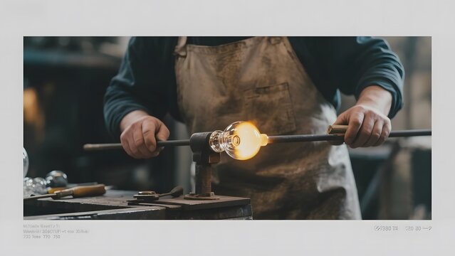 Craftsman shaping molten glass with a blowpipe in a workshop - Powered by Adobe
