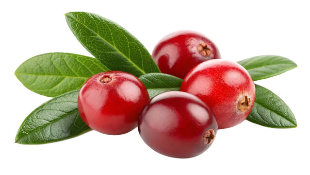 A vibrant group of fresh cranberries with leaves isolated on a clean transparent background in a studio setting