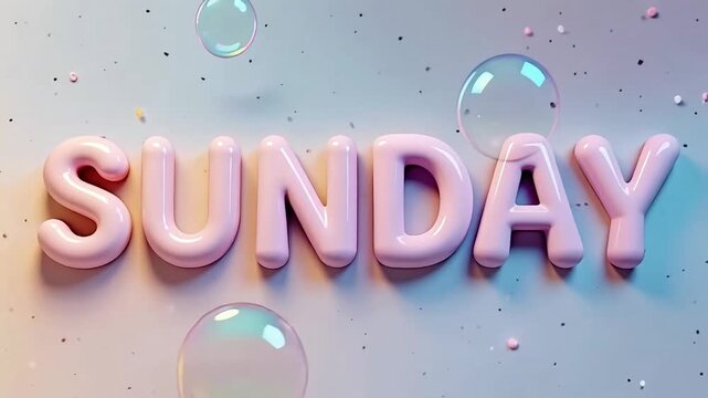 Glossy pastel &ldquo;SUNDAY&rdquo; lettering floating with light soap bubbles on a soft dreamy background, symbolizing relaxation, weekend vibes, and calm Sunday morning moods.