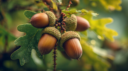 Close-up of several acorns hanging on a branch with green oak leaves, concept for autumn season illustration, nature background and wildlife projects 