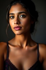 Stunning young woman with exotic features and warm skin tones, wearing a delicate bra, radiating confidence, elegance, and natural beauty in a soft, intimate setting