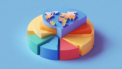 A 3D pastel-colored pie chart with a world map inset, illustrating global data or distribution.  The chart is segmented into several sections, each a different color