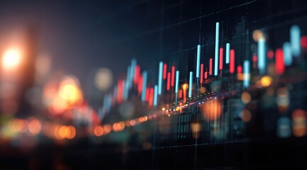 A stylized nighttime cityscape backdrop blurs behind a sharply focused graph displaying fluctuating red and blue data bars, suggesting financial market activity