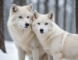 Obraz premium A beautiful portrait of a white arctic wolf on a snowy day in the forest. A white wolf in the trees. A wite wolf in Siberia's forest.