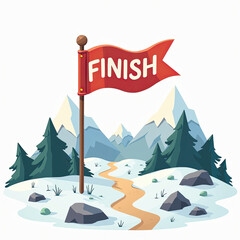 Finish Line Flag in Snowy Mountain Landscape with Winding Path