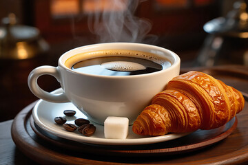 Steaming Coffee and Golden Croissant sugar cube coffee beans