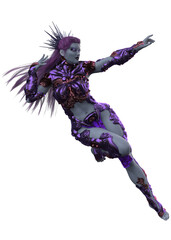Dynamic 3D illustration of a futuristic female warrior in ornate purple cyber armor, mid-action in a powerful pose. Featuring sci-fi fantasy elements and a fierce, otherworldly design.