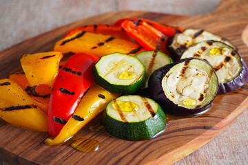 Grilled colorful bell peppers zucchini eggplant grilled vegetables