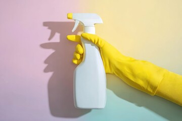 A gloved hand holds a white spray bottle against a pastel gradient background, casting a shadow