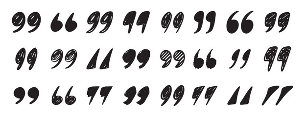 quotation mark doodle testured hand drawn icon set. quotation mark drawing line clipart symbol collection