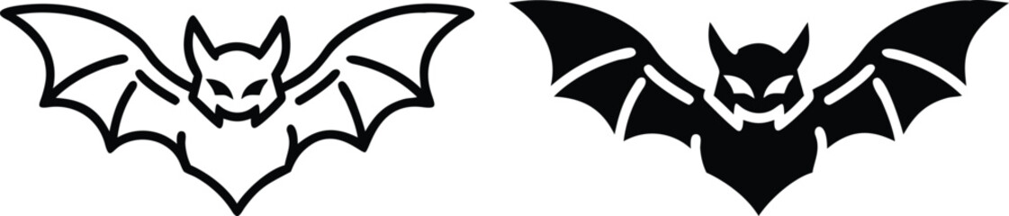 Flying Bat Icon Vector – Black and White Halloween Vampire Bat Silhouette