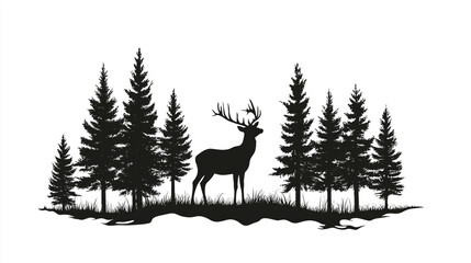 Majestic stag silhouetted among dark evergreen trees in a winter scene
