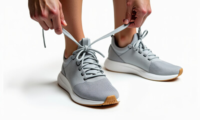 Hands tying shoelaces on grey athletic shoes