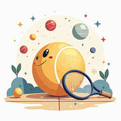 Happy Tennis Ball and Racquet in a Whimsical Universe