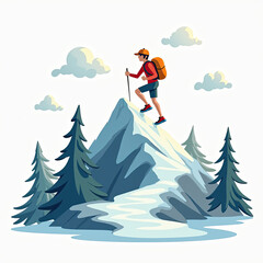 Hiker summits snowy mountain peak with trekking pole and backpack.